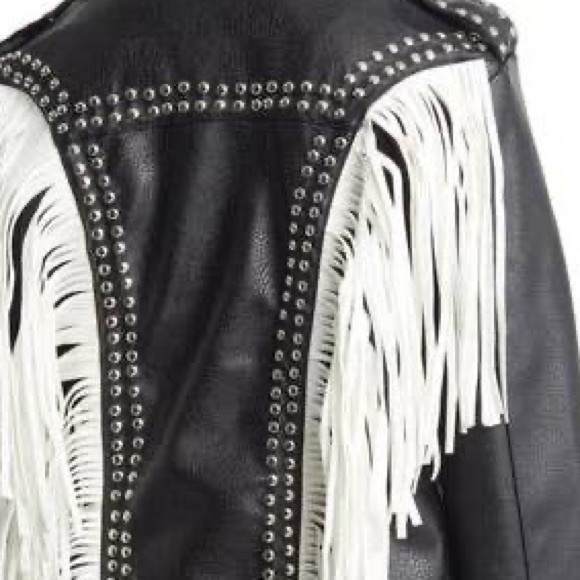 Azalea Wang Studded Black Faux Leather White Fringe Detail Moto Jacket - Picture 2 of 7